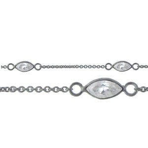 Sterling Silver Rhodium Plated 4.15mm by 8.76mm White CZ Oval Bezel Set Link Connected by 2.72mm Smooth Circles on Each Side of Bezel Set, followed by 1.33mm by 1.5 Smooth Cable Chain Every 2 Inches, Bezel Set Chain. Price per: 1 Inch.