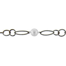 Load image into Gallery viewer, Sterling Silver Rhodium Plated Two of 4.09mm Smooth Circle Links Connected with Two of 10.00mm Swarovski Pearls, followed by 4 Twisted Oval Links, 5 Smooth Circle Links and 2 Twisted Circle Links, Long &amp; Short Chain. Price per: 1 Inch.
