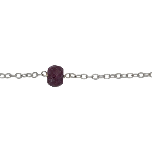 Chain by Foot. Sterling Silver 1.85mm Width by 2.65mm Length Smooth Cable Chain, Followed by 6.6mm Width by 4.72mm Length Natural Hand Cut Ruby (Dyed) Gem Stone Every 2 Inches, Gem Stone Chain. Price per: 1 Inch.