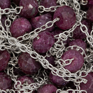 Sterling Silver 1.85mm Width by 2.65mm Length Smooth Cable Chain, Followed by 6.6mm Width by 4.72mm Length Natural Hand Cut Ruby (Dyed) Gem Stone Every 2 Inches, Gem Stone Chain. Price per: 1 Inch.