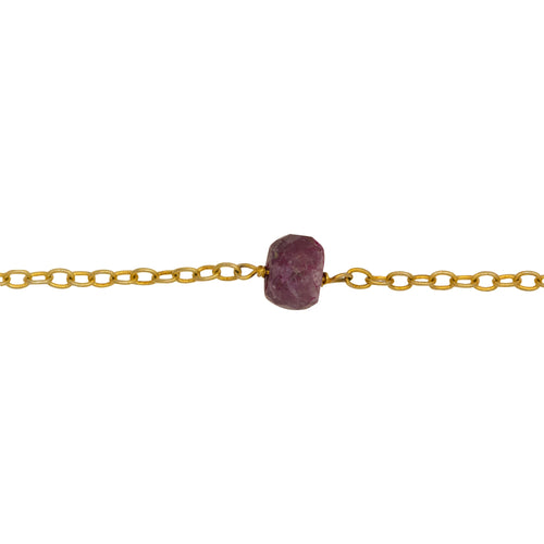 Chain by Foot. Sterling Silver Gold Plated 1.85mm Width by 2.65mm Length Smooth Cable Chain, Followed by 6.6mm Width by 4.72mm Length Natural Hand Cut Ruby (Dyed) Gem Stone Every 2 Inches, Gem Stone Chain. Price per: 1 Inch.