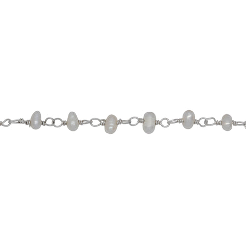 Chain by Foot. Brass Silver Plated 3.65mm Width by 2.55mm Length Natural White Potato Pearl Chain. Price per: 1 Inch.