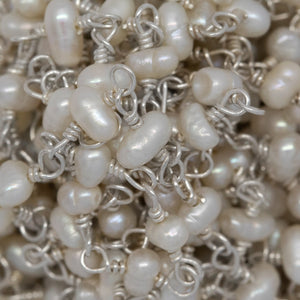 Brass Silver Plated 3.65mm Width by 2.55mm Length Natural White Potato Pearl Chain. Price per: 1 Inch.