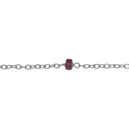 Chain by Foot. Sterling Silver 1.95mm Width by 2.60mm Length Smooth Cable Chain, Followed by 4.65mm Width by 2.72mm Length Natural Hand Cut Pink Tourmaline Gem Stone Every 2 Inches, Gem Stone Chain. Price per: 1 Inch.