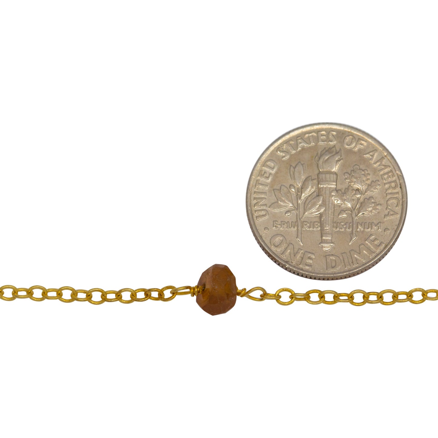 Sterling Silver Gold Plated 1.97mm Width by 2.40mm Length Smooth Cable Chain, Followed by 5.90mm Width by 3.75mm Length Natural Hand Cut Hessonite Gem Stone Every 2 Inches, Gem Stone Chain. Price per: 1 Inch.