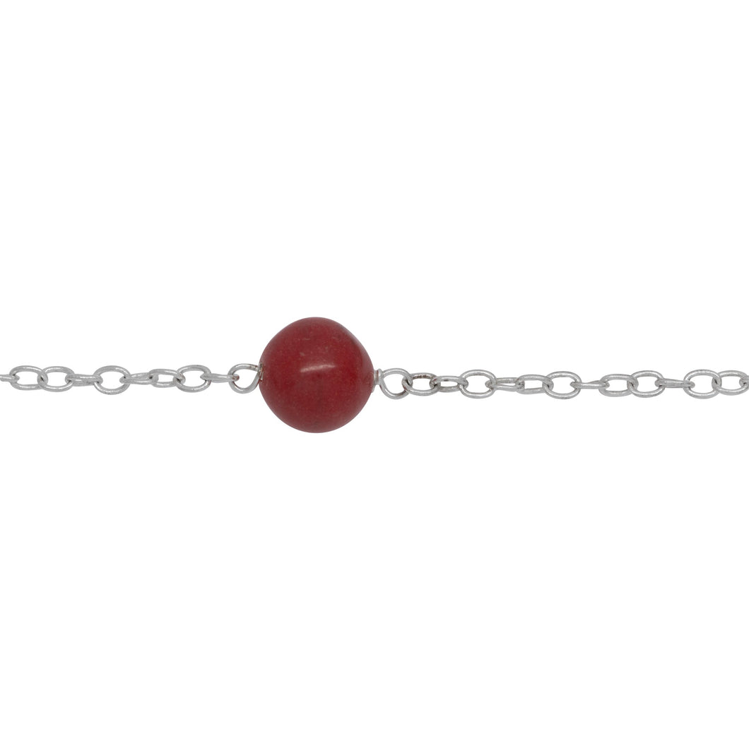 Chain by Foot. Sterling Silver 1.95mm Width by 2.60mm Length Smooth Cable Chain, Followed by 7.50mm Width by 7.15mm Length Coral (Dyed) Gem Stone Every 2 Inches, Gem Stone Chain. Price per: 1 Inch.