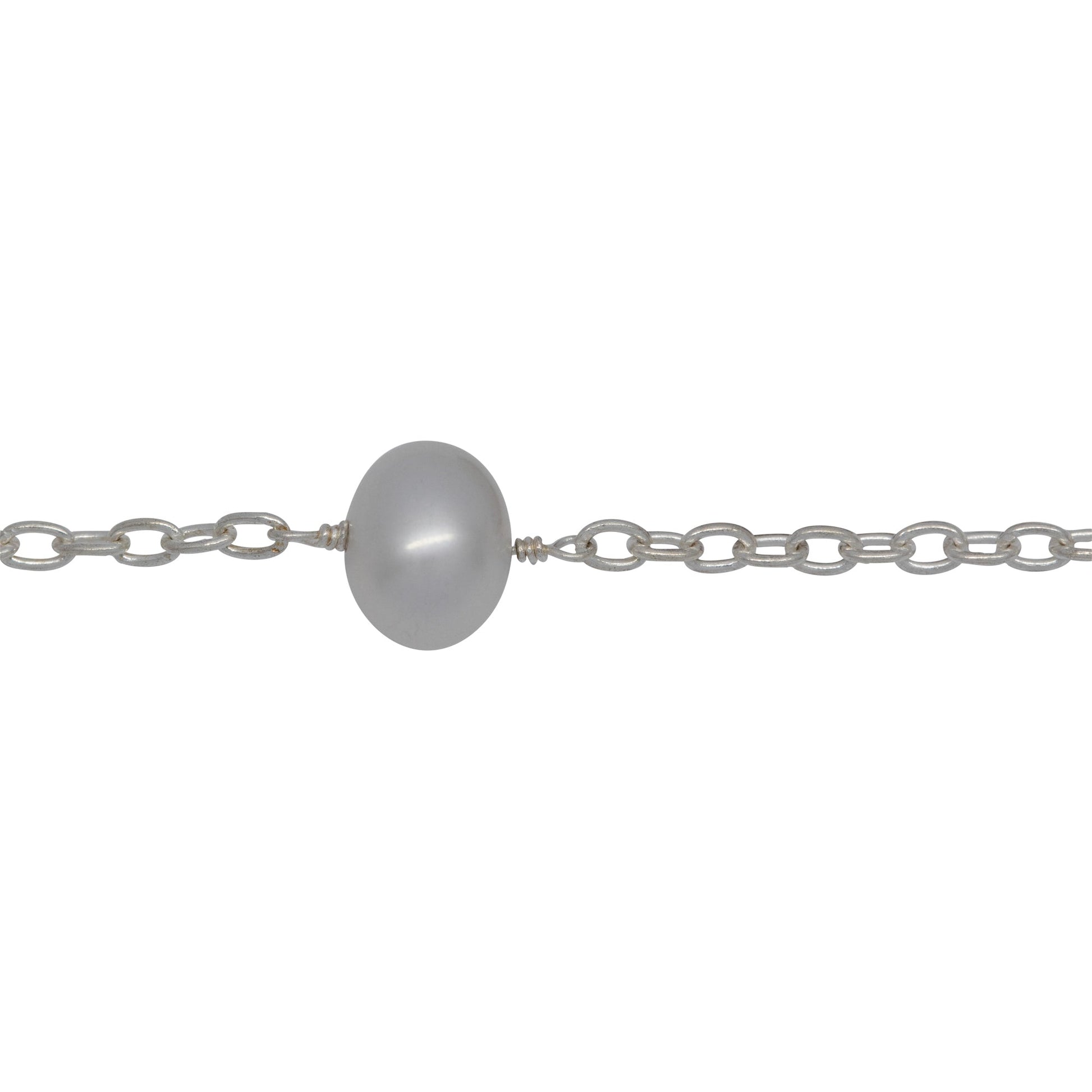 Chain by Foot. Sterling Silver 2.25mm Width by 3.23mm Length Smooth Cable Chain, Followed by 8.35mm Width by 7.32mm Length White Pearl Every 2 Inches, White Pearl Chain. Price per: 1 Inch.