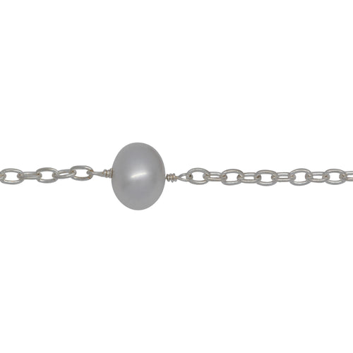 Chain by Foot. Sterling Silver 2.25mm Width by 3.23mm Length Smooth Cable Chain, Followed by 8.35mm Width by 7.32mm Length White Pearl Every 2 Inches, White Pearl Chain. Price per: 1 Inch.