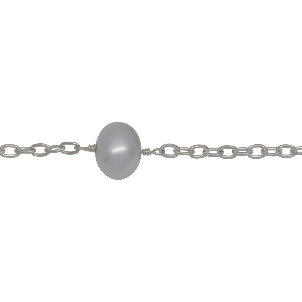 Chain by Foot. Sterling Silver 2.25mm Width by 3.23mm Length Smooth Cable Chain, Followed by 8.35mm Width by 7.32mm Length White Pearl Every 2 Inches, White Pearl Chain. Price per: 1 Inch.