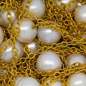 Sterling Silver Gold Plated 1.98mm Width by 2.32mm Length Smooth Cable Chain, Followed by 8.35mm Width by 7.32mm Length White Pearl Every 2 Inches, White Pearl Chain. Price per: 1 Inch.