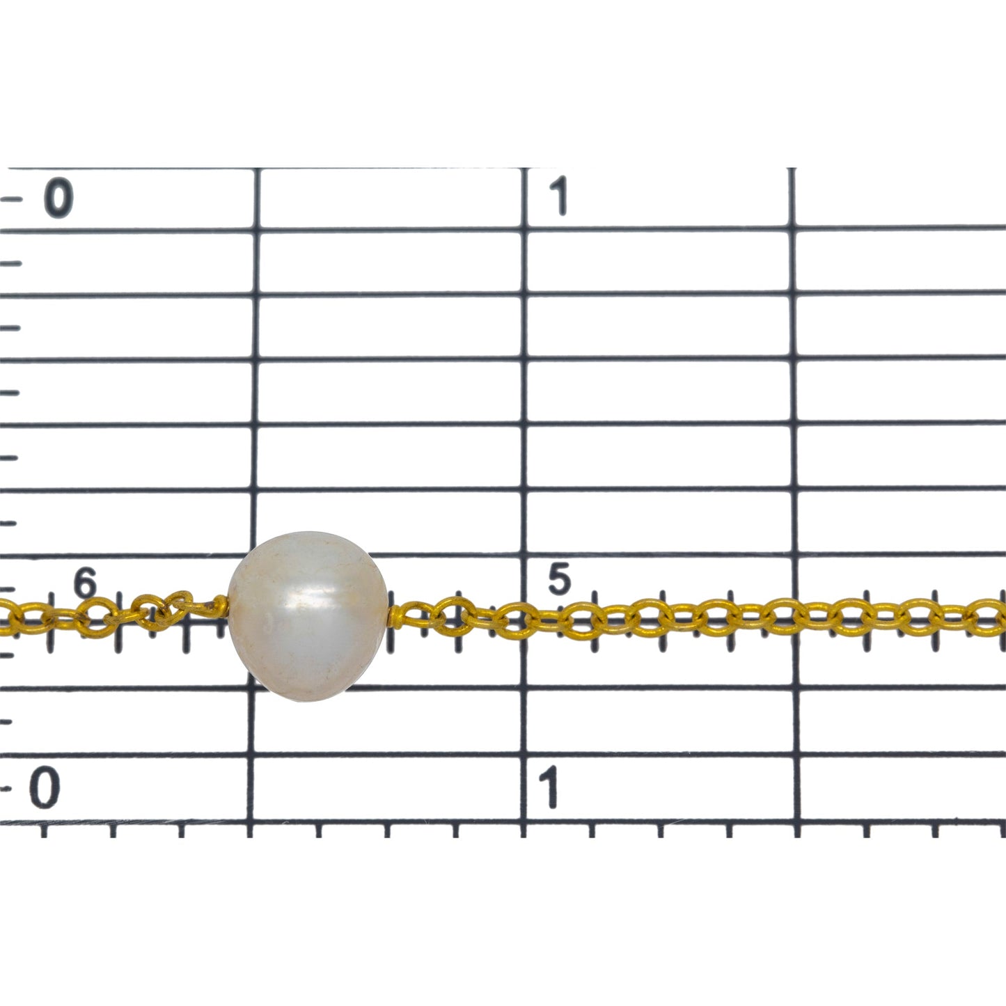 Sterling Silver Gold Plated 1.98mm Width by 2.32mm Length Smooth Cable Chain, Followed by 8.35mm Width by 7.32mm Length White Pearl Every 2 Inches, White Pearl Chain. Price per: 1 Inch.