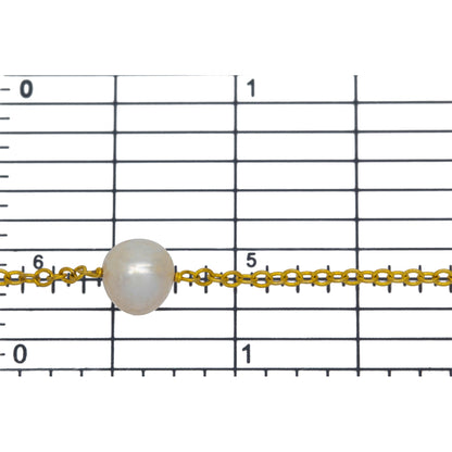 Sterling Silver Gold Plated 1.98mm Width by 2.32mm Length Smooth Cable Chain, Followed by 8.35mm Width by 7.32mm Length White Pearl Every 2 Inches, White Pearl Chain. Price per: 1 Inch.