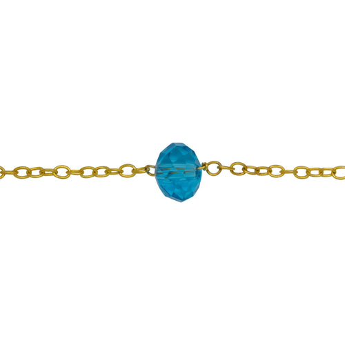 Chain by Foot. Brass Gold Plated 1.97mm Width by 2.50mm Length Smooth Cable Chain, Followed by 8.20mm Width by 6.15mm Length Blue Topaz Shade Crystal Every 2 Inches, Gem Stone Chain. Price per: 1 Inch.