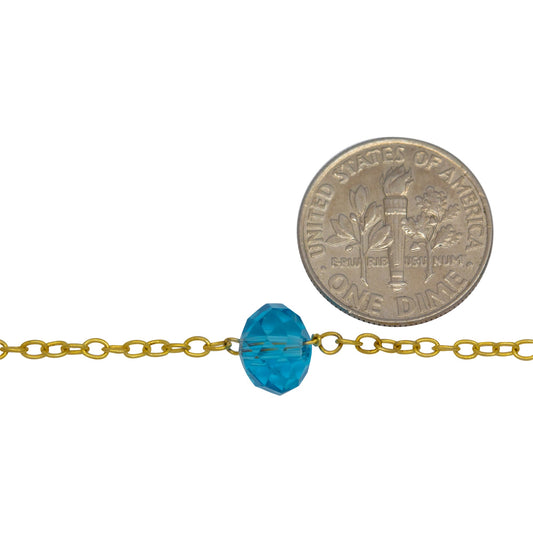Brass Gold Plated 1.97mm Width by 2.50mm Length Smooth Cable Chain, Followed by 8.20mm Width by 6.15mm Length Blue Topaz Shade Crystal Every 2 Inches, Gem Stone Chain. Price per: 1 Inch.
