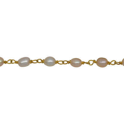 Chain by Foot. Brass Gold Plated 3.35mm Width by 4.20mm Length White Potato Pearl Chain. Price per: 1 Inch.