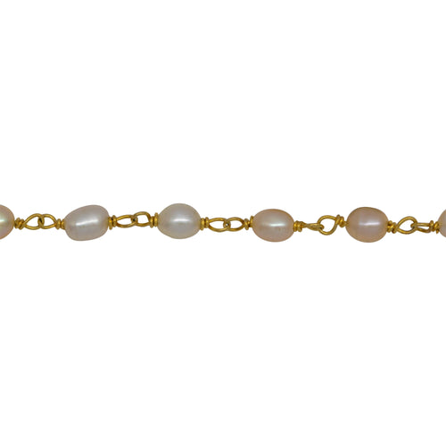 Chain by Foot. Brass Gold Plated 3.35mm Width by 4.20mm Length White Potato Pearl Chain. Price per: 1 Inch.