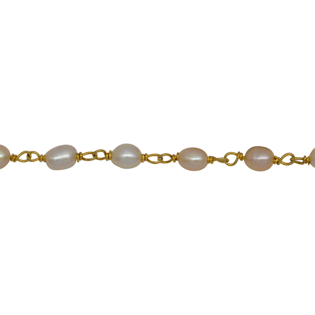 Chain by Foot. Brass Gold Plated 3.35mm Width by 4.20mm Length White Potato Pearl Chain. Price per: 1 Inch.