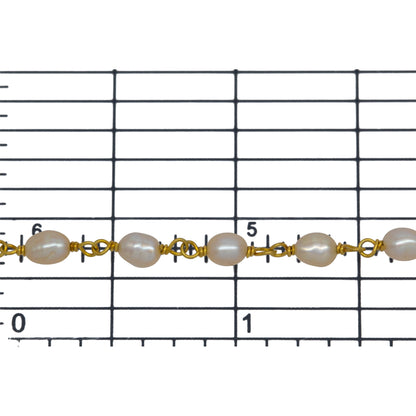 Brass Gold Plated 3.35mm Width by 4.20mm Length White Potato Pearl Chain. Price per: 1 Inch.
