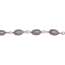 Load image into Gallery viewer, Chain by Foot. Brass Silver Plated 4.15mm Width by 6.61mm Length Pink Rice Pearl Chain. Price per: 1 Inch.
