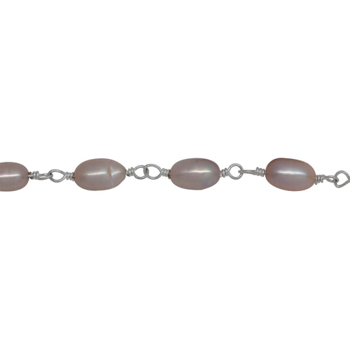 Chain by Foot. Brass Silver Plated 4.15mm Width by 6.61mm Length Pink Rice Pearl Chain. Price per: 1 Inch.