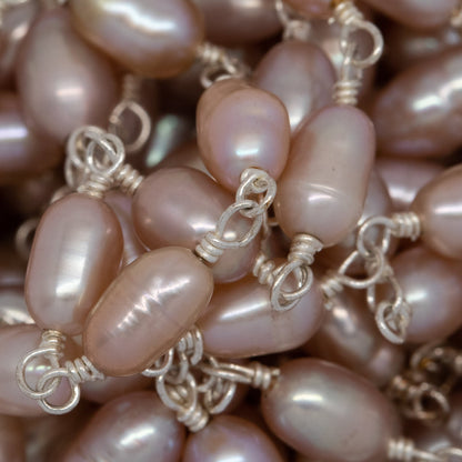 Brass Silver Plated 4.15mm Width by 6.61mm Length Pink Rice Pearl Chain. Price per: 1 Inch.
