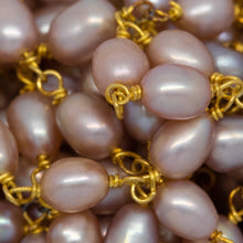 Load image into Gallery viewer, Brass Gold Plated 4.15mm Width by 5.60mm Length Pink Rice Pearl Chain. Price per: 1 Inch.
