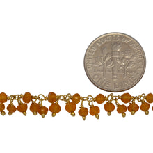 Load image into Gallery viewer, Brass Gold Plated 3.10mm Width by 2.60mm Length Hand Cut Carnelian Gem Stone, With Two of 3.10mm Width by 2.60mm Length Carnelian Stones Hanging off the Chain, Carnelian Gem Stone Chain. Price per: 1 Inch.
