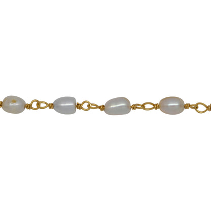 Chain by Foot. Brass Gold Plated 3.85mm Width by 5.56mm Length White Rice Pearl Chain. Price per: 1 Inch.