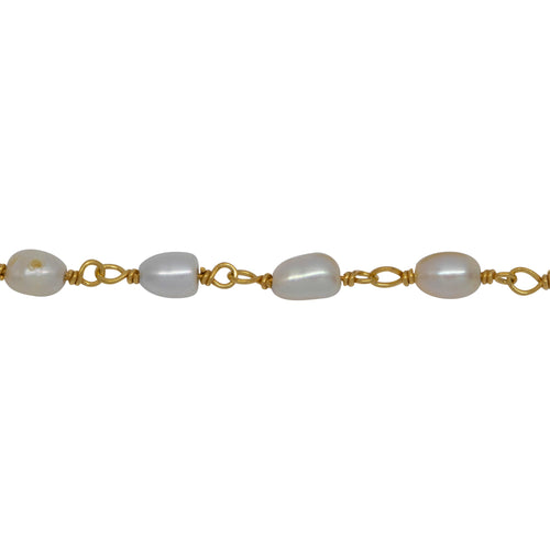 Chain by Foot. Brass Gold Plated 3.85mm Width by 5.56mm Length White Rice Pearl Chain. Price per: 1 Inch.