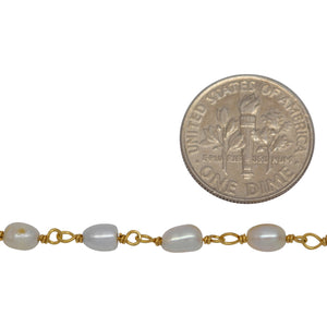 Brass Gold Plated 3.85mm Width by 5.56mm Length White Rice Pearl Chain. Price per: 1 Inch.