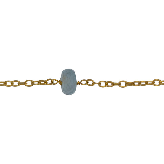 Chain by Foot. Sterling Silver Gold Plated 1.87mm Width by 2.68mm Length Smooth Cable Chain, Followed by 7.10mm Width by 4.60mm Length Natural Hand Cut Aquamarine Gem Stone Every 2 Inches, Gem Stone Chain. Price per: 1 Inch.
