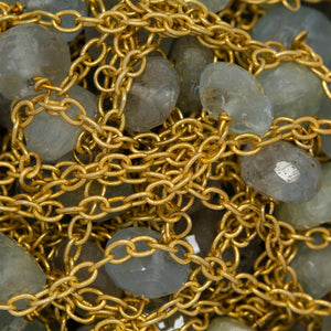 Sterling Silver Gold Plated 1.87mm Width by 2.68mm Length Smooth Cable Chain, Followed by 7.10mm Width by 4.60mm Length Natural Hand Cut Aquamarine Gem Stone Every 2 Inches, Gem Stone Chain. Price per: 1 Inch.