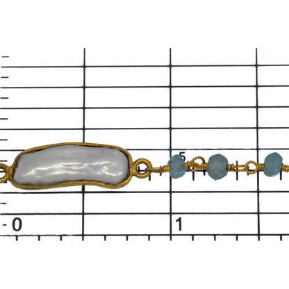 Brass Gold Plated 3.50mm Width by 2.60mm Length Hand Cut Aquamarine Gem Stone, Followed by 7.40mm Width by 17.10mm Length approximately Biwa Pearl Bezel Set, Gem Stone Chain. Price per: 1 Inch.