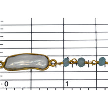 Load image into Gallery viewer, Brass Gold Plated 3.50mm Width by 2.60mm Length Hand Cut Aquamarine Gem Stone, Followed by 7.40mm Width by 17.10mm Length approximately Biwa Pearl Bezel Set, Gem Stone Chain. Price per: 1 Inch.
