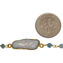 Load image into Gallery viewer, Brass Gold Plated 3.50mm Width by 2.60mm Length Hand Cut Aquamarine Gem Stone, Followed by 7.40mm Width by 17.10mm Length approximately Biwa Pearl Bezel Set, Gem Stone Chain. Price per: 1 Inch.
