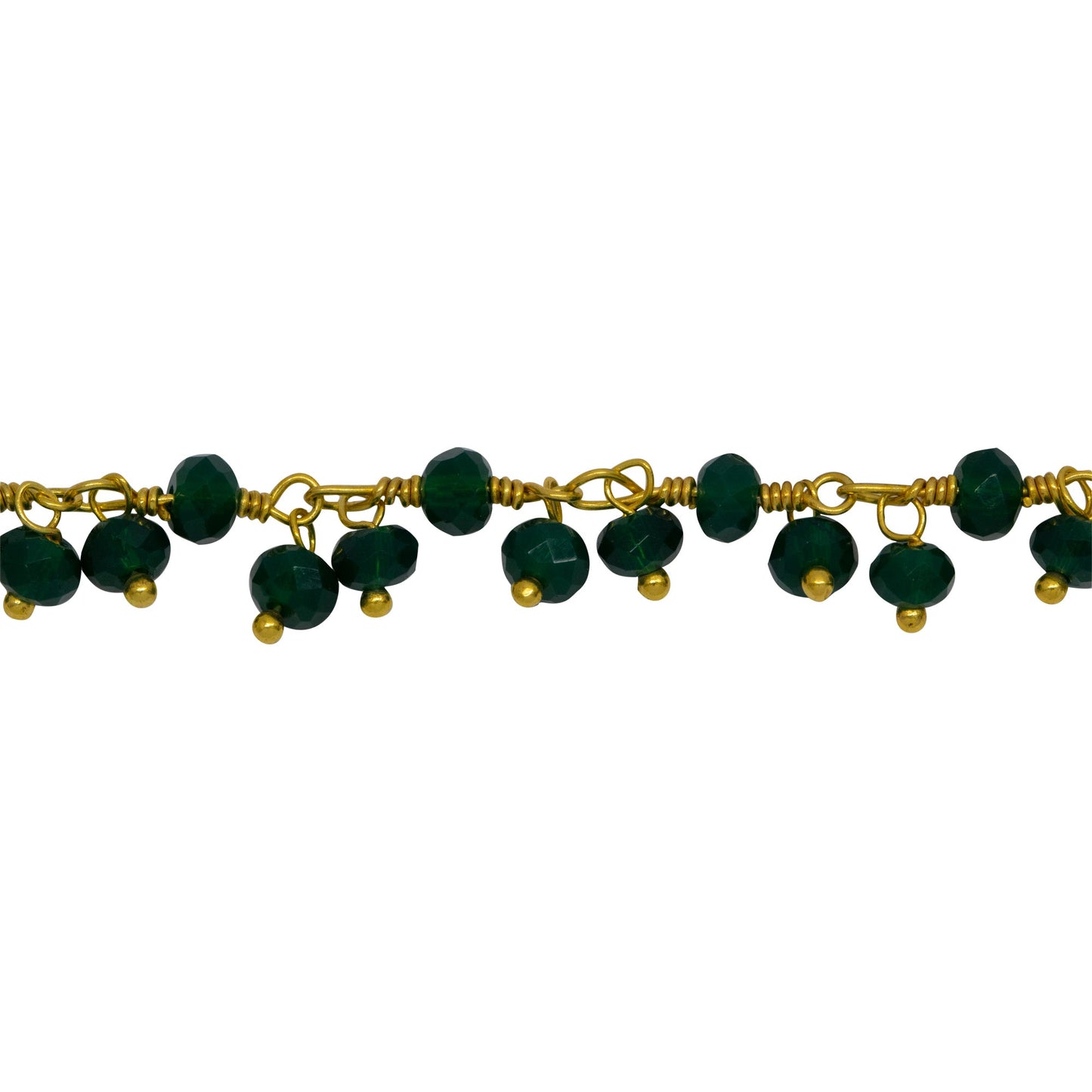 Chain by Foot. Brass Gold Plated 3.50mm Width by 2.50mm Length Natural Hand Cut Emerald Green (Dyed) Gem Stone, With Two of 3.50mm Width by 2.50mm Length Emerald Green (Dyed) Stones Hanging off the Chain, Gem Stone Chain. Price per: 1 Inch.