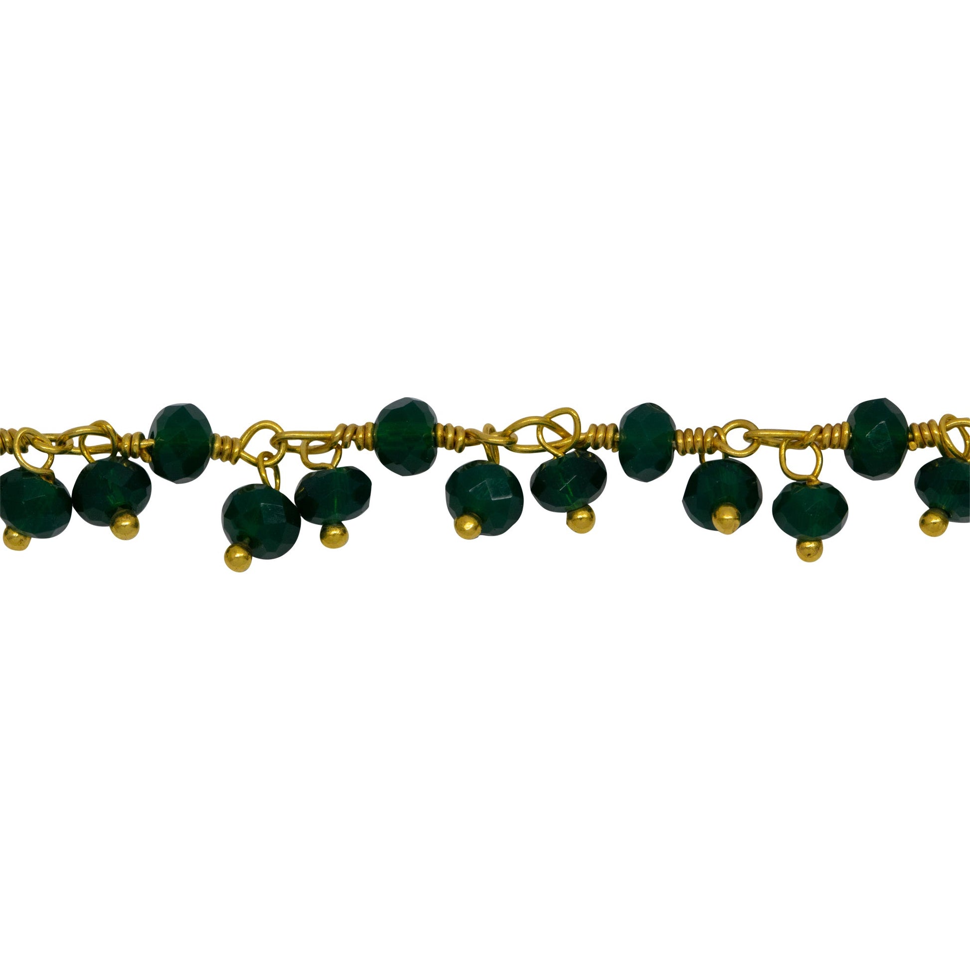 Chain by Foot. Brass Gold Plated 3.50mm Width by 2.50mm Length Natural Hand Cut Emerald Green (Dyed) Gem Stone, With Two of 3.50mm Width by 2.50mm Length Emerald Green (Dyed) Stones Hanging off the Chain, Gem Stone Chain. Price per: 1 Inch.