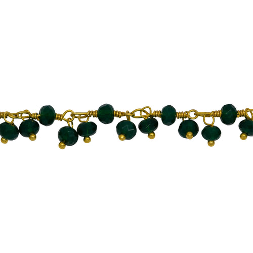 Chain by Foot. Brass Gold Plated 3.50mm Width by 2.50mm Length Natural Hand Cut Emerald Green (Dyed) Gem Stone, With Two of 3.50mm Width by 2.50mm Length Emerald Green (Dyed) Stones Hanging off the Chain, Gem Stone Chain. Price per: 1 Inch.