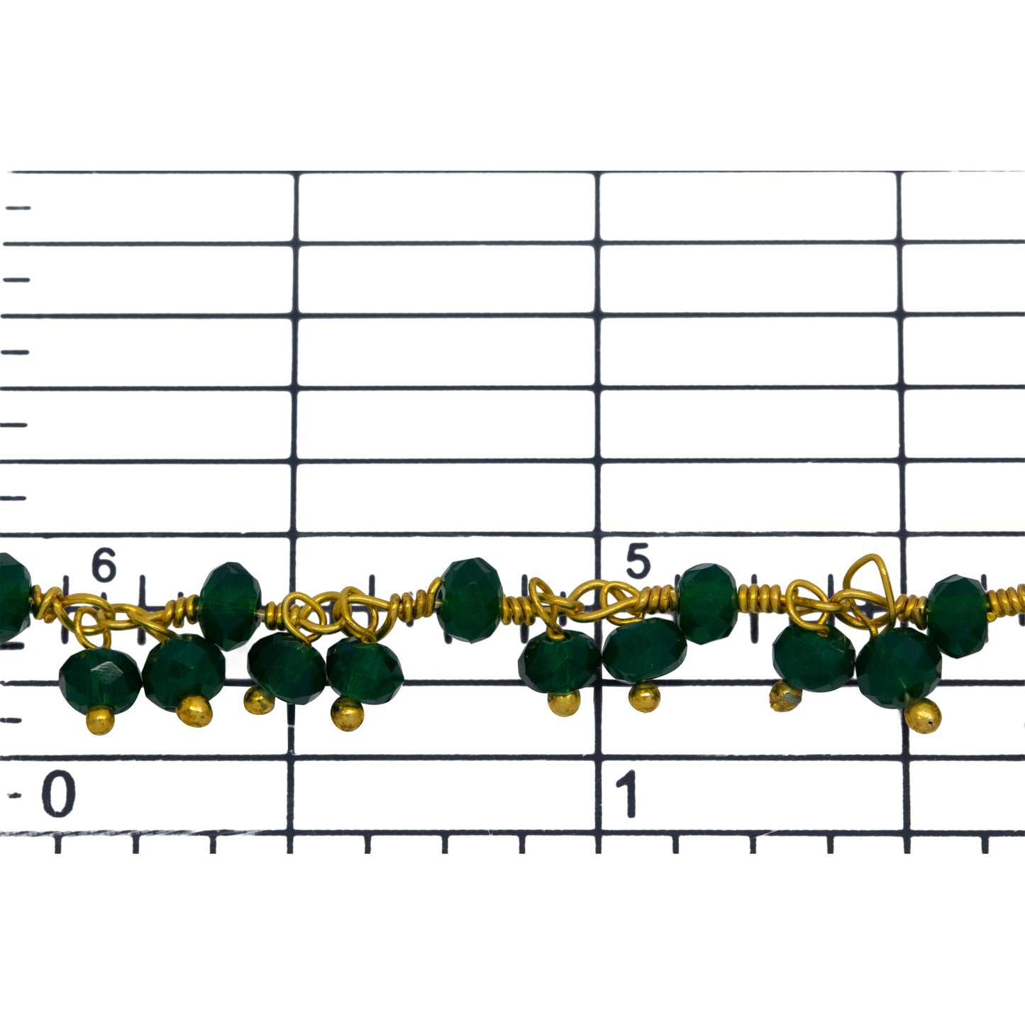 Brass Gold Plated 3.50mm Width by 2.50mm Length Natural Hand Cut Emerald Green (Dyed) Gem Stone, With Two of 3.50mm Width by 2.50mm Length Emerald Green (Dyed) Stones Hanging off the Chain, Gem Stone Chain. Price per: 1 Inch.