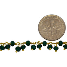 Load image into Gallery viewer, Brass Gold Plated 3.50mm Width by 2.50mm Length Natural Hand Cut Emerald Green (Dyed) Gem Stone, With Two of 3.50mm Width by 2.50mm Length Emerald Green (Dyed) Stones Hanging off the Chain, Gem Stone Chain. Price per: 1 Inch.
