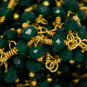 Brass Gold Plated 3.50mm Width by 2.50mm Length Natural Hand Cut Emerald Green (Dyed) Gem Stone, With Two of 3.50mm Width by 2.50mm Length Emerald Green (Dyed) Stones Hanging off the Chain, Gem Stone Chain. Price per: 1 Inch.