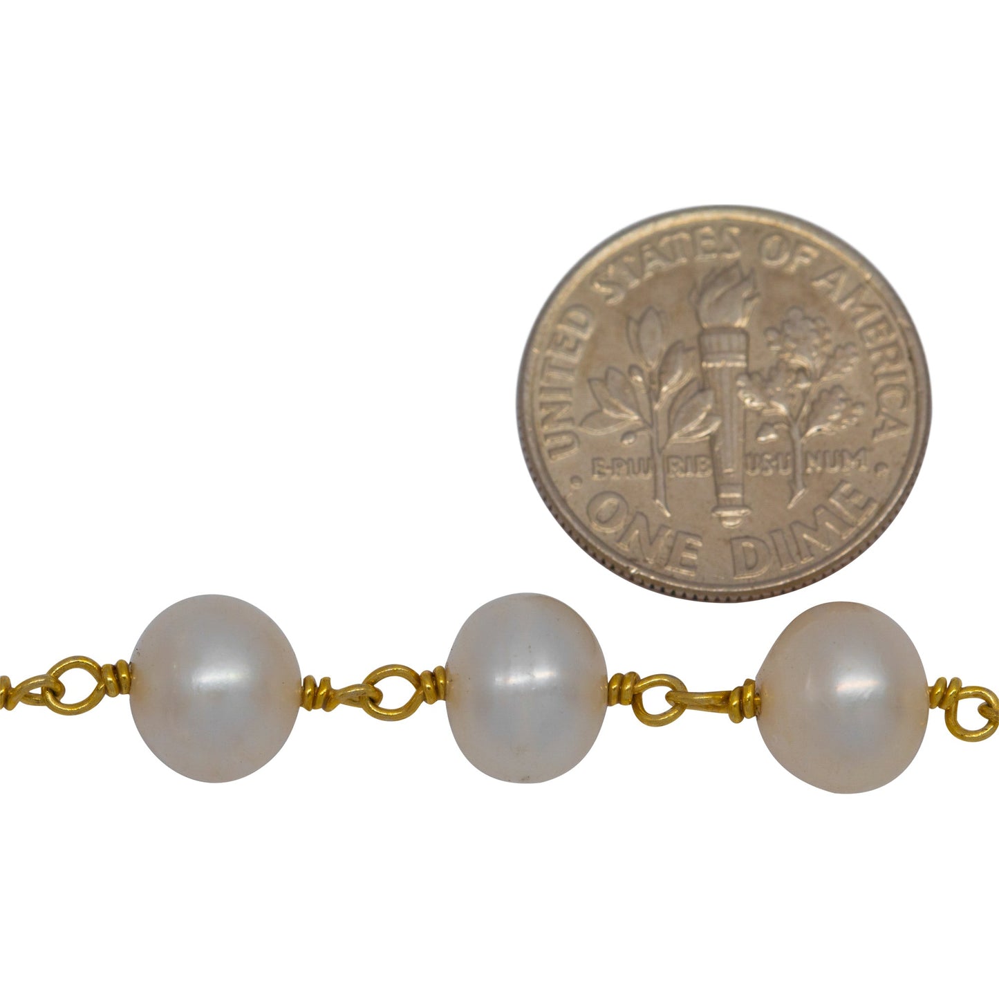 Brass Gold Plated 8.20mm Width by 7.92mm Length White Pearl Chain. Price per: 1 Inch.