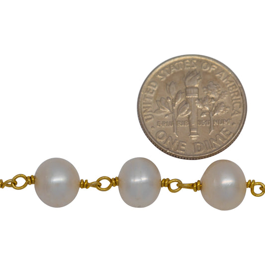 Brass Gold Plated 8.20mm Width by 7.92mm Length White Pearl Chain. Price per: 1 Inch.