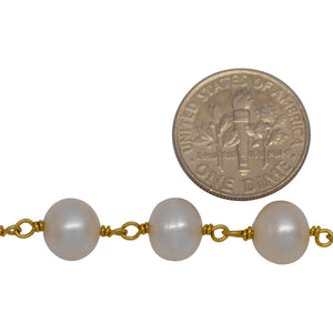 Brass Gold Plated 8.20mm Width by 7.92mm Length White Pearl Chain. Price per: 1 Inch.