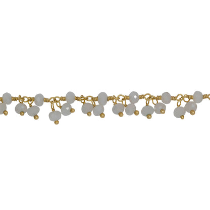 Chain by Foot. Brass Gold Plated 3.50mm Width by 2.85mm Length Natural Hand Cut Rainbow Moon Stone, With Two of 3.50mm Width by 2.85mm Length Rainbow Moon Stones Hanging off the Chain, Gem Stone Chain. Price per: 1 Inch.