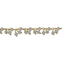 Load image into Gallery viewer, Chain by Foot. Brass Gold Plated 3.50mm Width by 2.85mm Length Natural Hand Cut Rainbow Moon Stone, With Two of 3.50mm Width by 2.85mm Length Rainbow Moon Stones Hanging off the Chain, Gem Stone Chain. Price per: 1 Inch.
