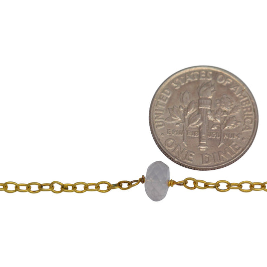 Sterling Silver Gold Plated 1.95mm Width by 2.68mm Length Smooth Cable Chain, Followed by 6.55mm Width by 4.30mm Length Natural Hand Cut Rose Quartz Gem Stone Every 2 Inches, Gem Stone Chain. Price per: 1 Inch.