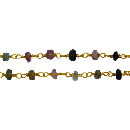 Chain by Foot. Brass Gold Plated 3.60mm Width by 1.90mm Length Natural Hand Cut Watermelon Tourmaline Stone, Gem Stone Chain. Price per: 1 Inch.