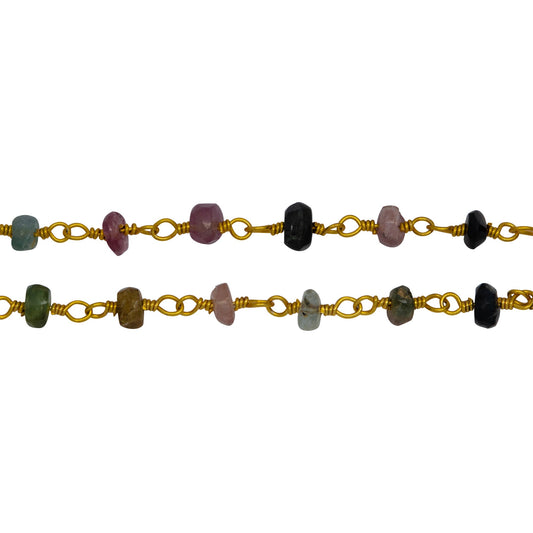 Chain by Foot. Brass Gold Plated 3.60mm Width by 1.90mm Length Natural Hand Cut Watermelon Tourmaline Stone, Gem Stone Chain. Price per: 1 Inch.