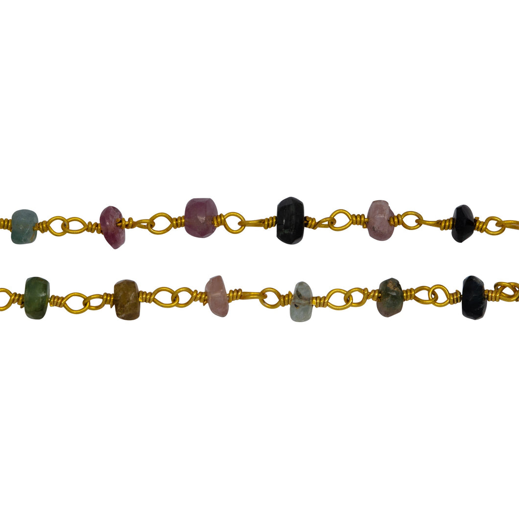 Chain by Foot. Brass Gold Plated 3.60mm Width by 1.90mm Length Natural Hand Cut Watermelon Tourmaline Stone, Gem Stone Chain. Price per: 1 Inch.